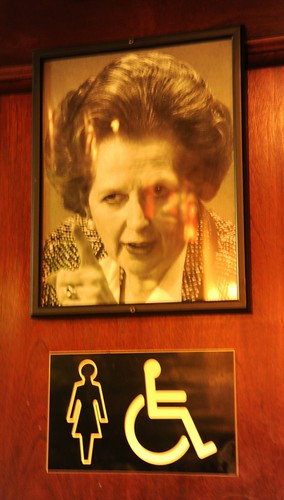 Stern context, Prime Minister Thatcher, Ladies room, disabled, bathroom door, Elephant Pub, Seattle, Washington, USA by Wonderlane