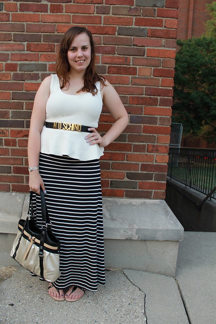 Maxi peplum outfit: striped jersey maxi skirt, metal leopard sandals, peplus pointe tank, vintage Moschino belt, etc.