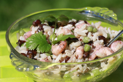Shrimps, rice, peas, lentils salad with coconut milk
