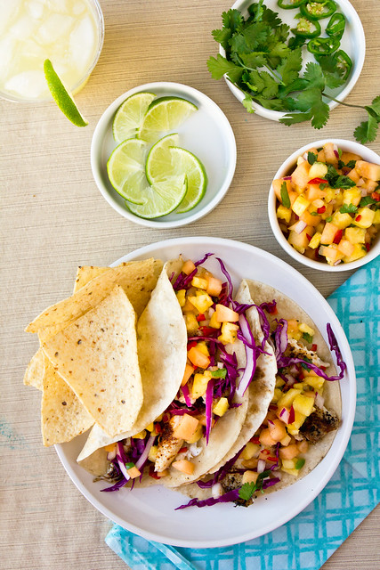 Fish Tacos with Cantaloupe-Pineapple Salsa