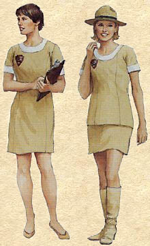 two white female park rangers in uniforms from the 1970s