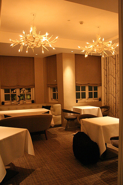 The second floor has more intimate dining settings
