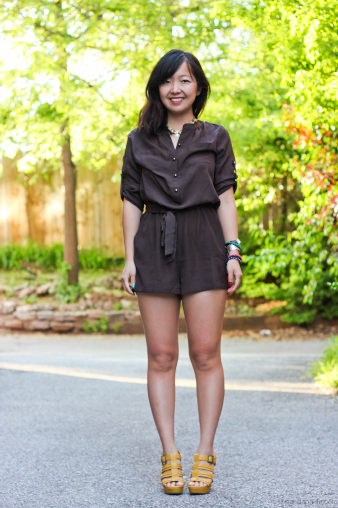 chocolate brown romper and yellow wedges