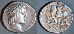 RRC 503/1 Q.CAEPIO BRVTVS IMP Brutus Denarius. Apollo, trophy with captives. Greece 42BC. An extremely rare type.