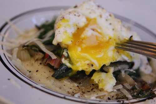 Creamy Polenta wth Wilted Swiss Chard, Spinach, Poached Egg, and Grated Parmigiano-Reggiano