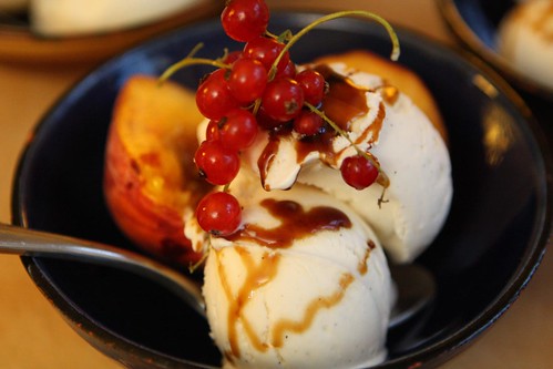 Vanilla Ice Cream with Peaches, Currants, and Balsamic Glaze