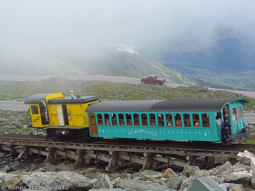 A Cog Railway train arrives at the summit of Mount Washington, White Mountain National Forest, New Hampshire