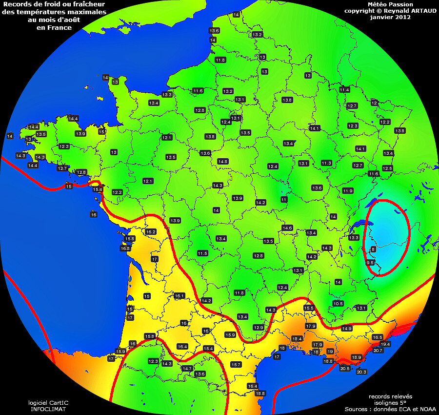 records de fraîcheur ou de froid des températures maximales au mois d'août en France Reynald ARTAUD météopassion