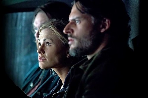 Sookie, Alcide, and Alcide's employee sitting in the car together