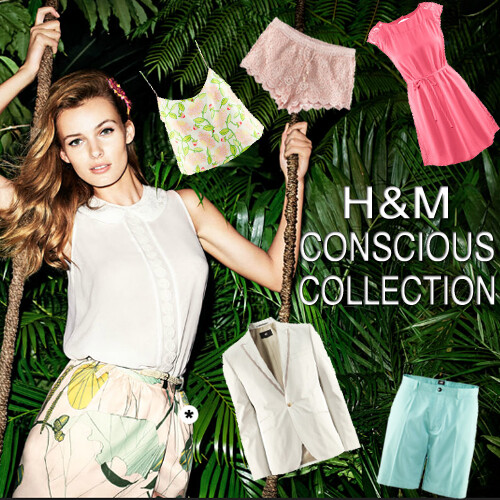 ad for H&M's conscious collection. A white woman is in the jungle surrounded by garments