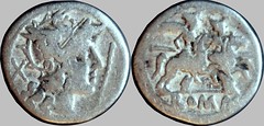 RRC 131/1 Staff and Wing Roma Dioscuri Denarius. Rome 206-200BC. Extremely rare type with and entire wing below the horses, rather than a feather as on RRC 130.