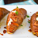 Hasselback Sweet Potatoes with Maple Cinnamon Butter and Bacon