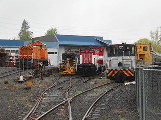 A flock of locomotives at Portland Traction's McBrod Ave shops