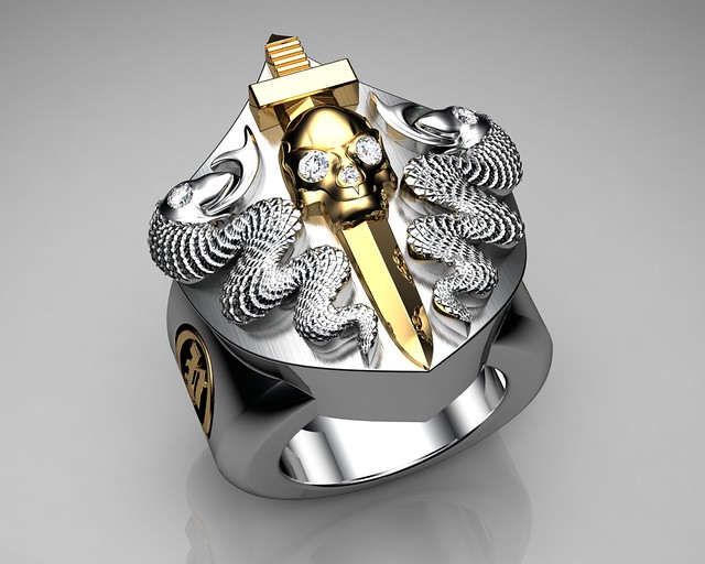 Unique Mens Ring Snake and Skull Shield Ring Sterling Silver and Gold ...