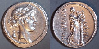 52BC 410/2b Q.POMPONI MVSA Pomponia Denarius. Apollo lyre-key, Muse Calliope. Rome. A superb example.