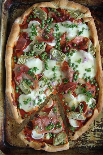 Artichoke, Leek, Prosciutto and Pea Pizza