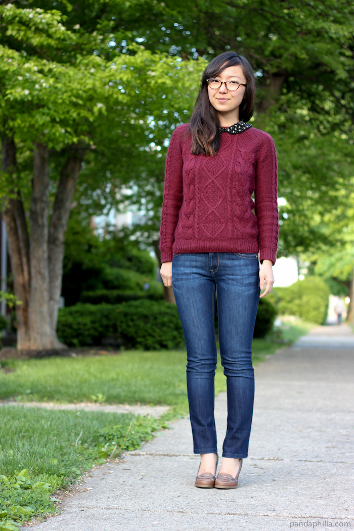 burgundy sweater and jeans