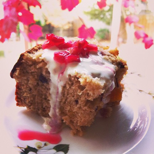 Tuesday. Baked a date and apricot loaf with rice malt and pomegranate syrup.