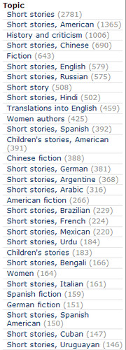 A list of topics within short stories, including stories from different countries.