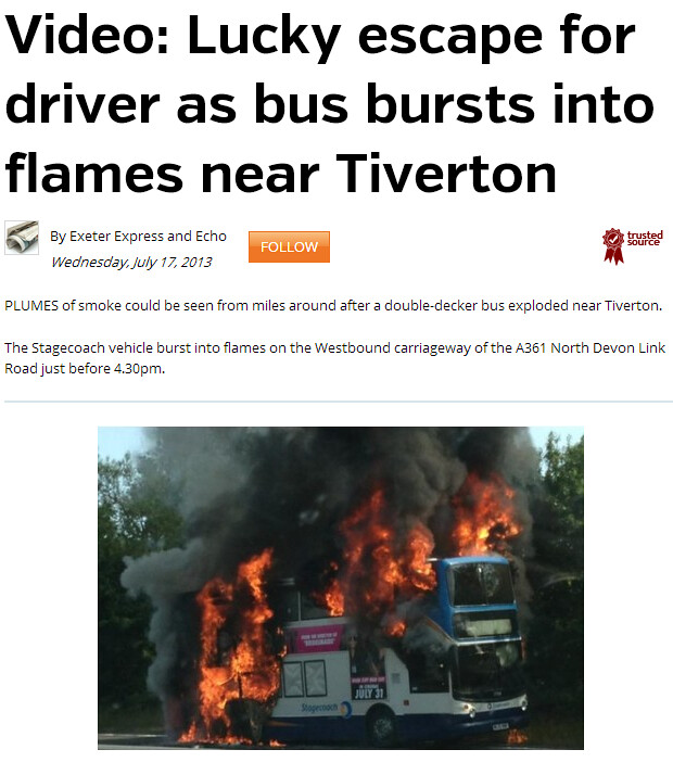 Lucky escape for Stagecoach driver as bus catches fire near Tiverton   Exeter Express and Echo