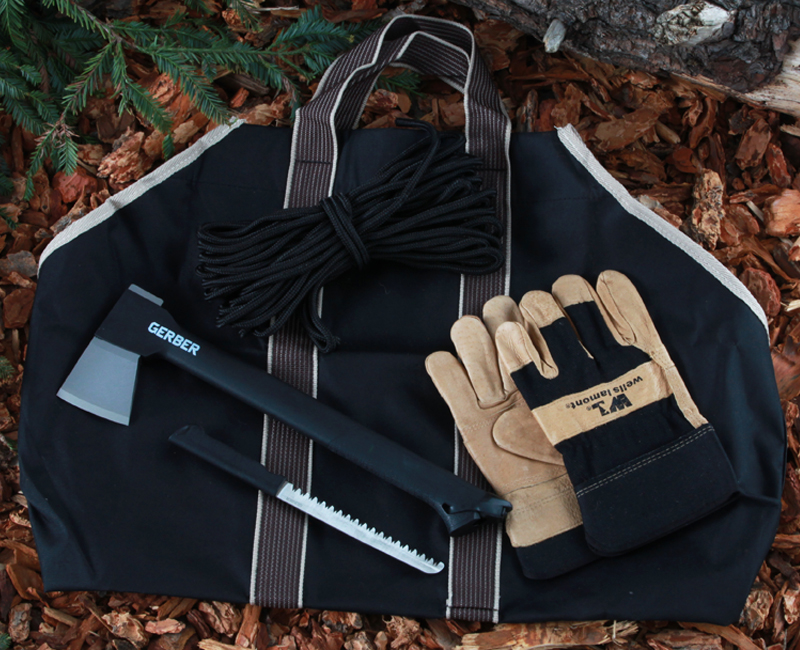 
Wood chopping and camping tools including a Gerber combo axe, pigskin gloves, nylon rope, and Kodiak log carrier