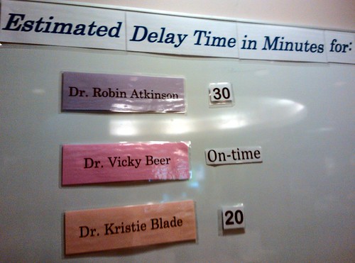 A simple solution to a complex problem - how long will I be in the waiting room for a doctors appointment, Estimated Delay Time in Minutes for three doctors on a Saturday at Virginia Mason,  20 mins, 30 mins, On-time, Lynnwood, Washington, USA by Wonderlane