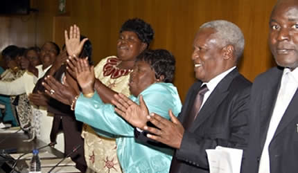 Senators Maina Mandava and Dr Sydney Sekeramayi join other members of the Upper House in celebrating the passage of Constitutional Amendment (No. 20) Bill in the Senate in Harare on May 14, 2013. The senate action sets the stage for national elections. by Pan-African News Wire File Photos