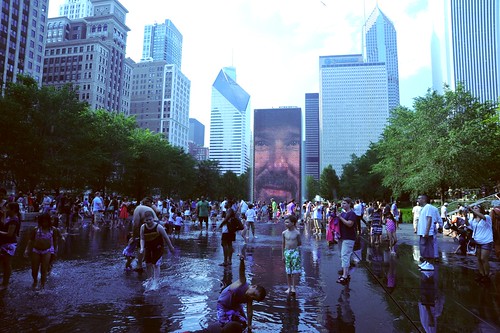 Children, face fountain, water, skyscrapers, Millennium Park, Chicago, Illinois, USA by Wonderlane
