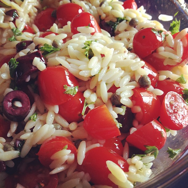 Just made Mediterranean Orzo Salad from Iowa Girl Eats. Not sure if I can wait until dinner.