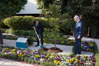 President Barack Obama and President Shimon Peres of Israel plant a magnolia tree, a descendant from a tree growing on the White House grounds, at the President¹s residence in Jerusalem, March 20, 2013. (Official White House Photo by Chuck Kennedy)