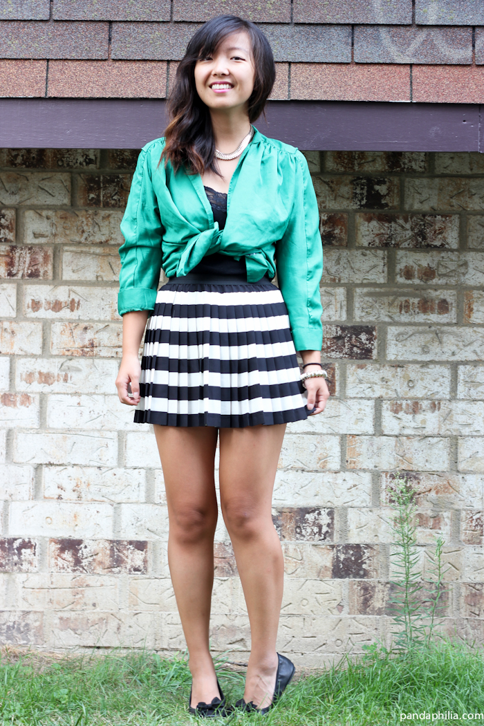 green satin tie top, striped pleated mini skirt