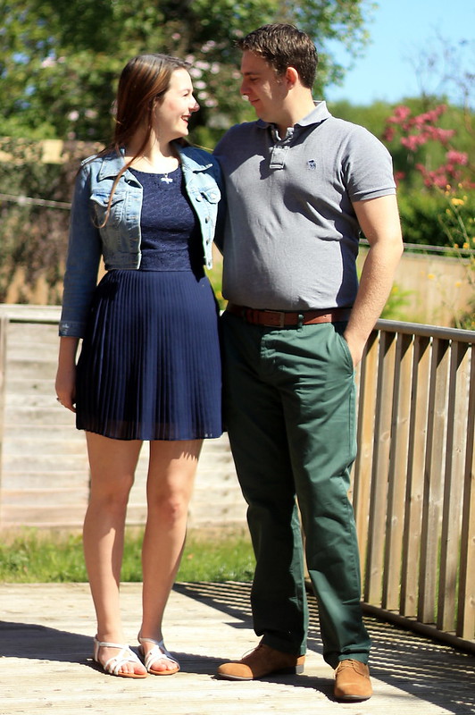 His and hers, OOTD, outfit of the day, men's polo shirt, green chinos, suede brogues, denim jacket, lace pleated dress, sandals