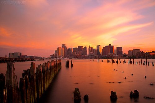 Boston Skyline with Orange Sunset, Carlton's Wharf East Boston, B+W 3.0ND 110 by Greg DuBois Photography