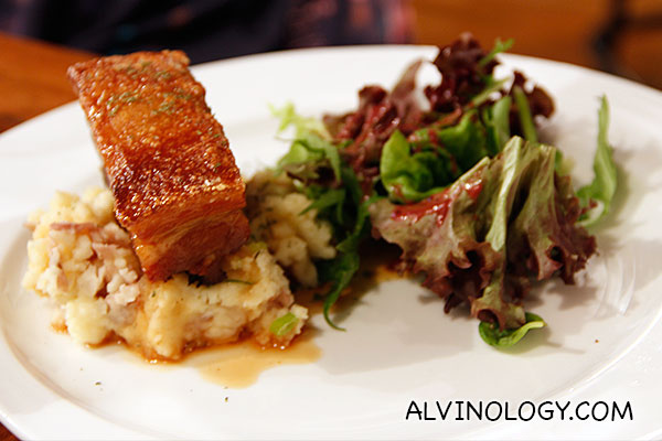 Crispy Pork Belly (S$18) - slab of pork belly marinated in chef's secret recipe, served with mash and salad