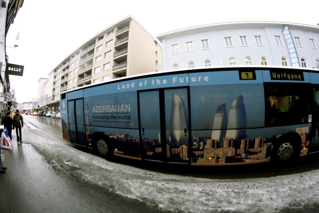 Azerbaijan has no more than seven participants at the Annual Meeting, but the state has covered many of the city buses with their advertisements that will be seen by the thousands of attendees.