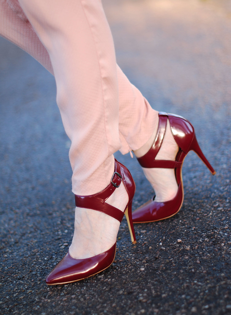 Burgundy pointed heels & blush pink
