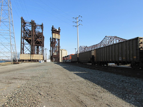 Eastbound BNSF Railway unit coal train entering a lift bridge over the Calumet River.  Chicago Illinois.  Sunday, April 21st, 2013. by Eddie from Chicago
