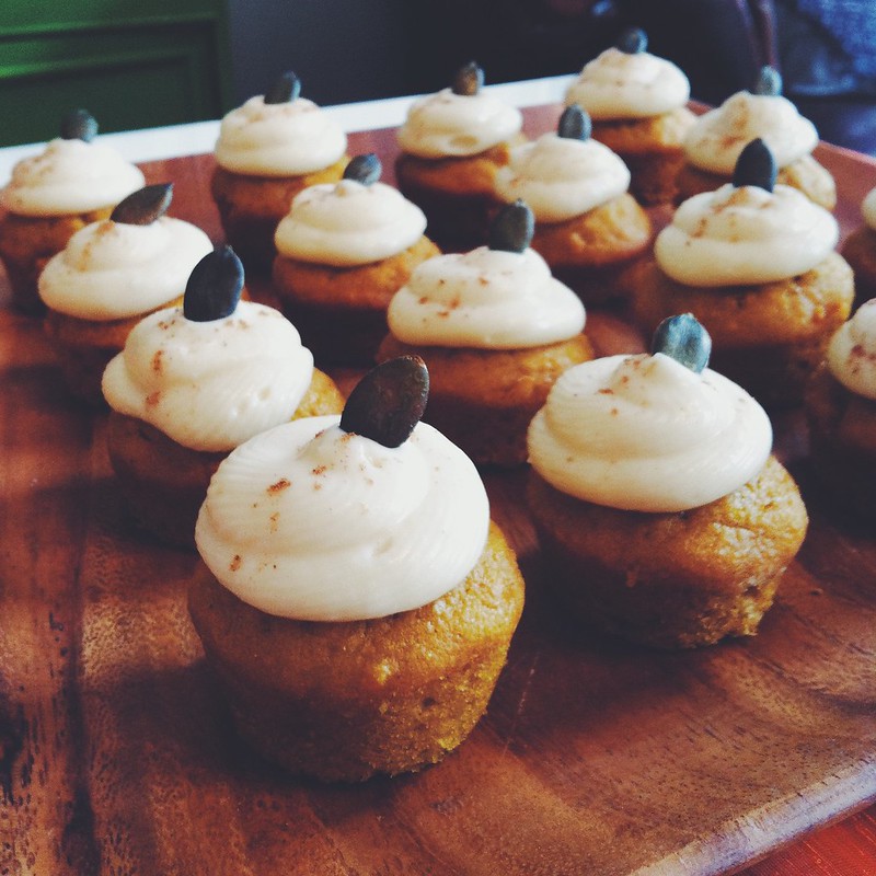 mini pumpkin cupcakes with maple-brown sugar cream cheese frosting