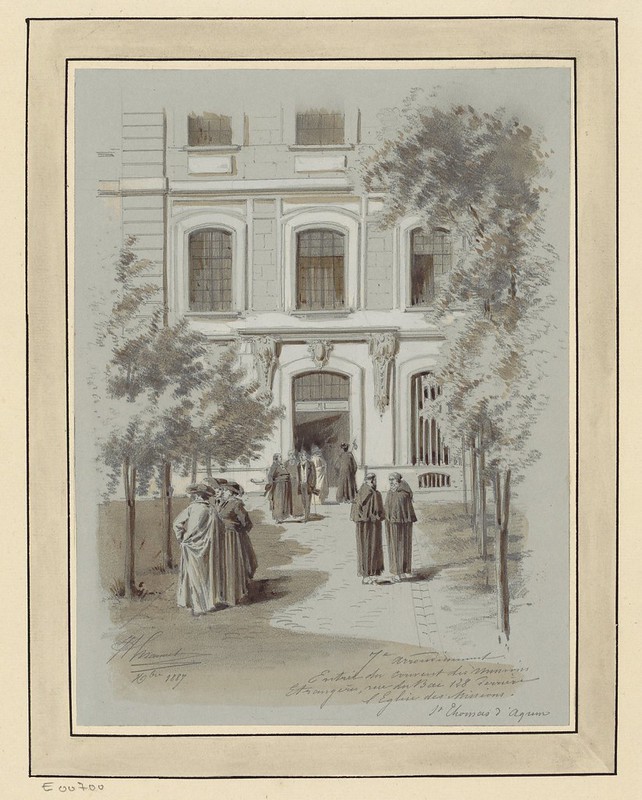 Paris sketch (1800s) of congregation of people outside of foreign affairs mission