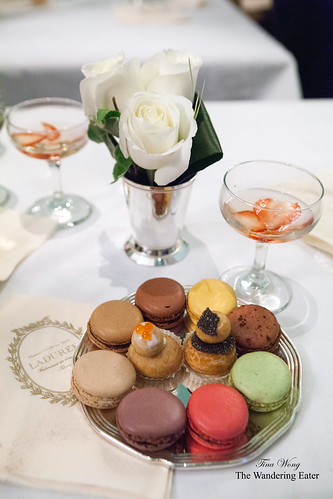 My silver tray of goodies - Black truffle & salmon roe religieuses and Ladurée's famous macarons