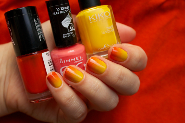 01 gradient nails kiko 279 yellow + rimmel instyle coral + colorama 155