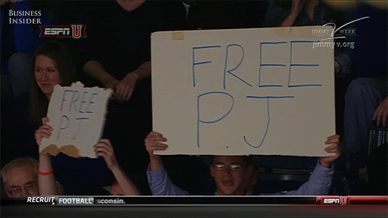 Free P.J. sign at Duke's Cameron indoor stadium