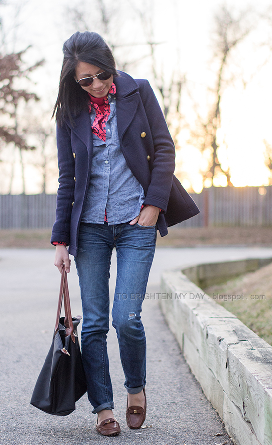 navy peacoat, red turtleneck, printed blouse, chambray shirt, jeans, brown loafers
