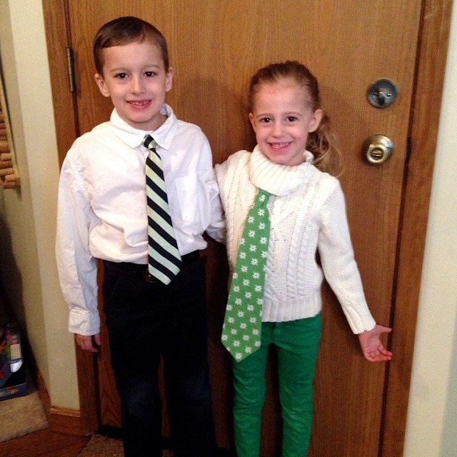 Spirit Week Day THREE. Tie Day!!! Thankfully Nathan owns two ties so he lent one to his sister and we were set!!  It is also the 100th Day of School so Mommy had to help them lug in their 100 Day of School stuff AND they are playing board games during the