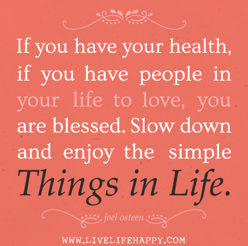 If you have your health, if you have people in your life to love, you are blessed. Slow down and enjoy the simple things in life. - Joel Osteen