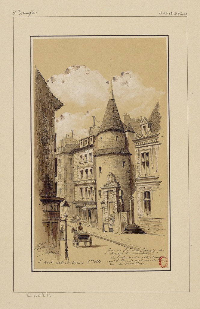 watercolour & pen sketch of St Martin's priory - 19th century Paris urban scene