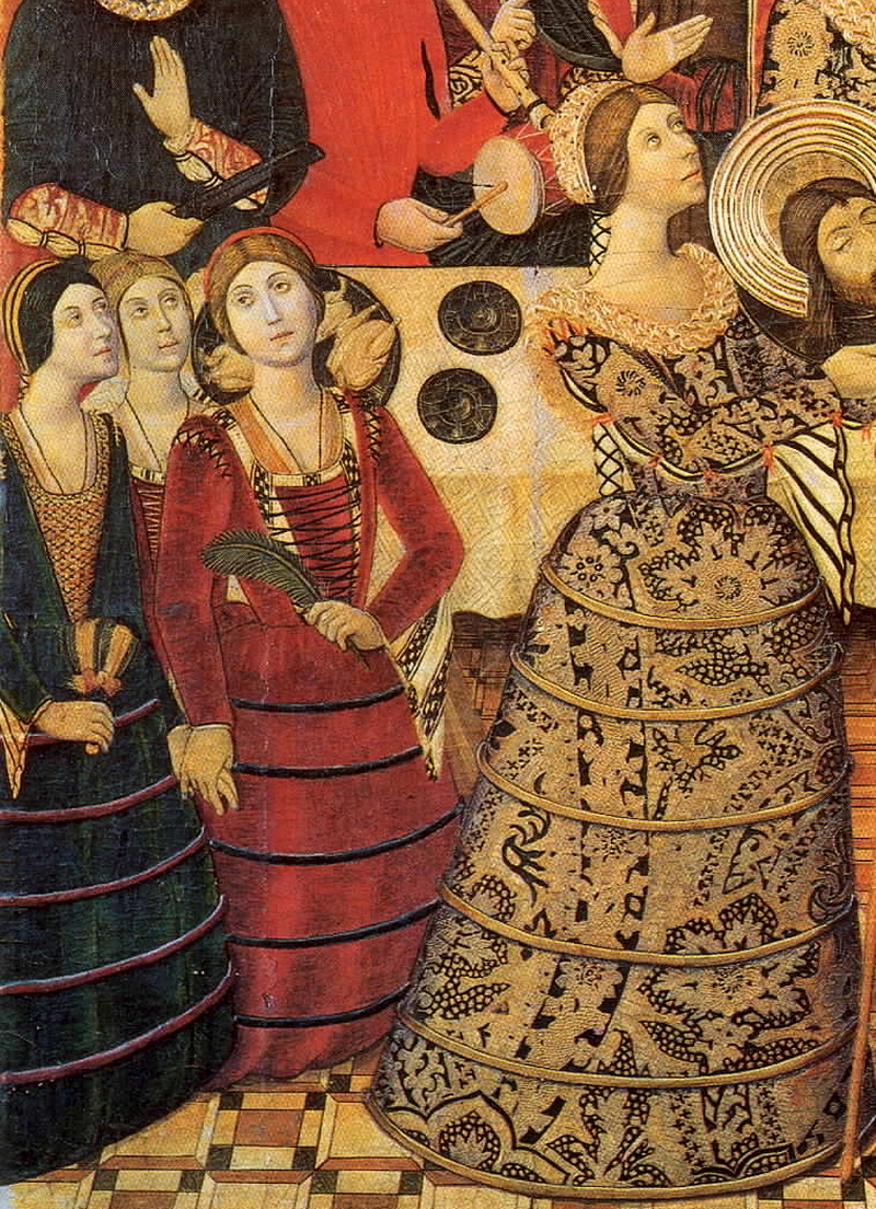 Probably the earliest depiction of the Spanish verdugada (farthingale), Catalonia, 1470-80