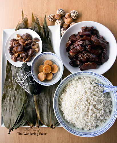 Making Zongzi (肉粽) or Savory steamed sticky rice wrapped in bamboo leaves