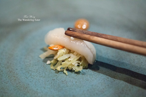 Course 14 = Barely warmed Diver scallop, fermeted cabbage, hazelnut