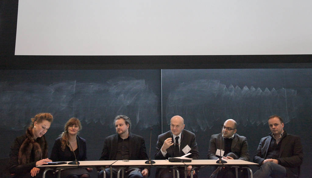 The panel discussion following session two. From left to right: moderator Liss Werner, Maria Aiolova, Mitchell Joachim, Phillip Beesley, Jeffery Turko, and Michael Hensel.